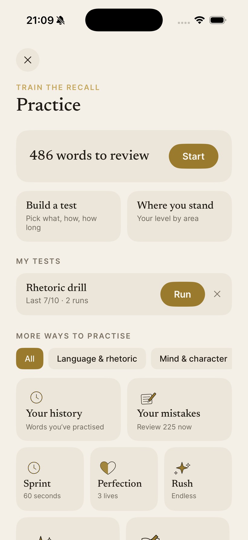 Lexfall practice hub, showing words to review and timed drills