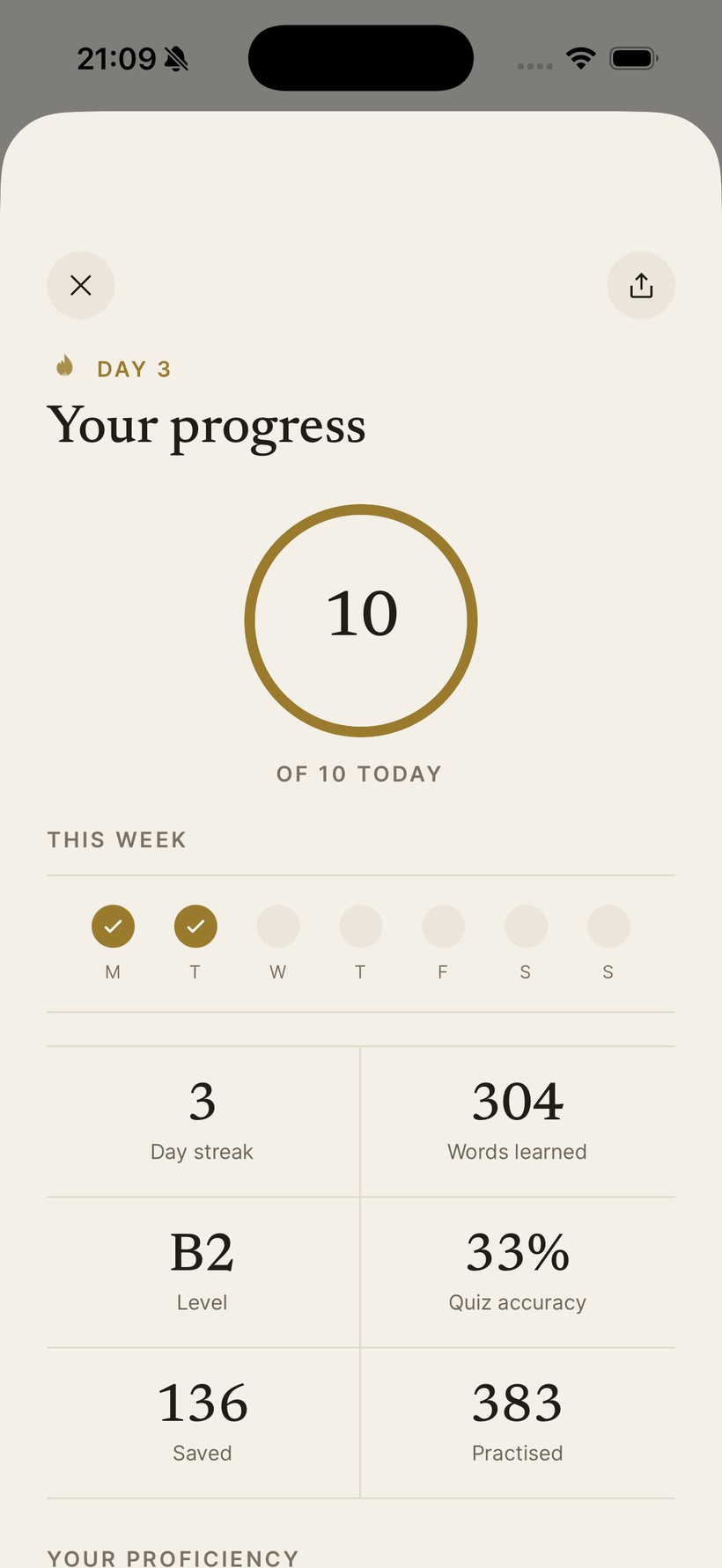 Lexfall progress screen, showing streak, level and words learned